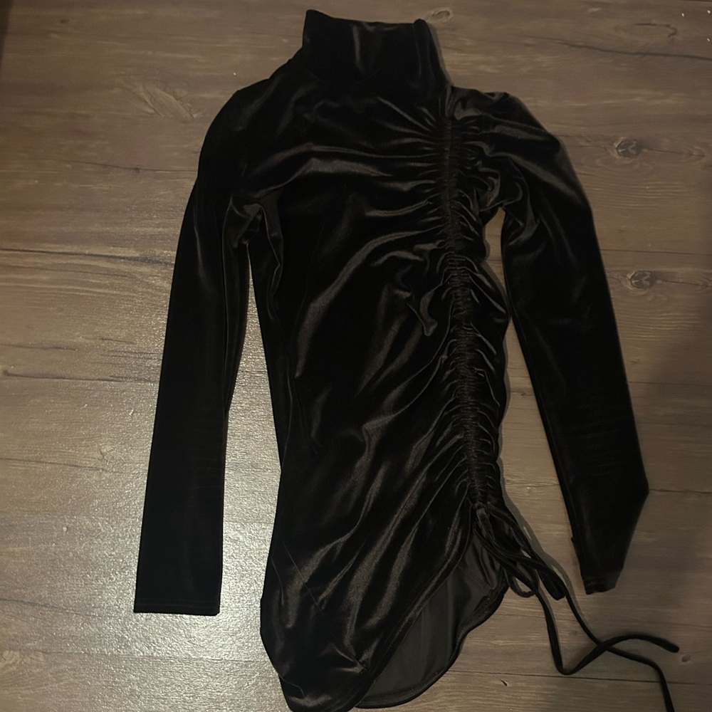 Ruched Velvet Mock Neck Mini Dress — Dark Brown